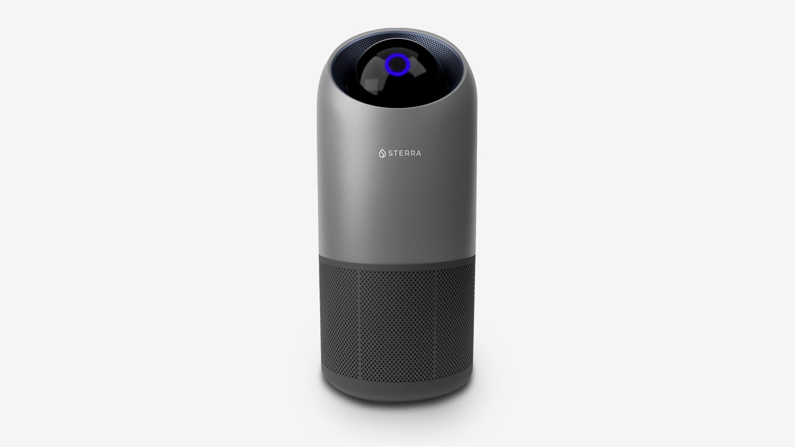 Gray cylindrical air purifier with a black top and blue light.