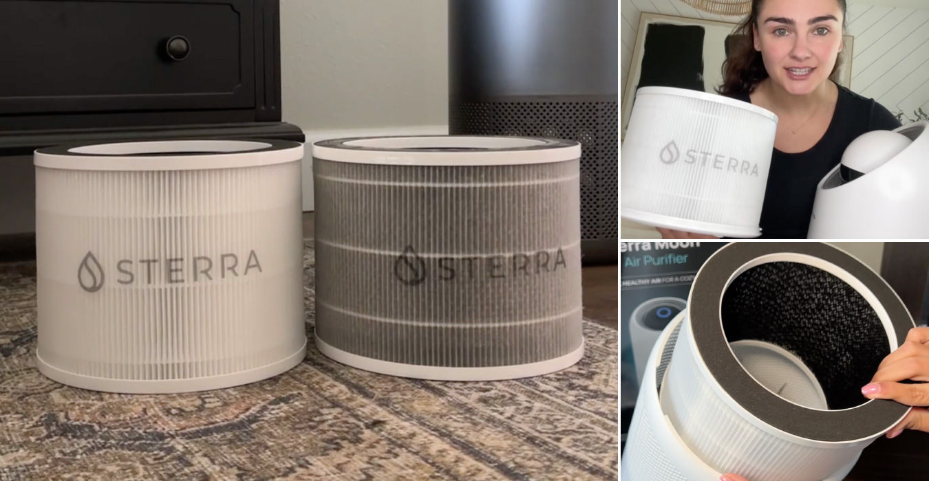 Collage of air purifier filters and a person holding a filter.