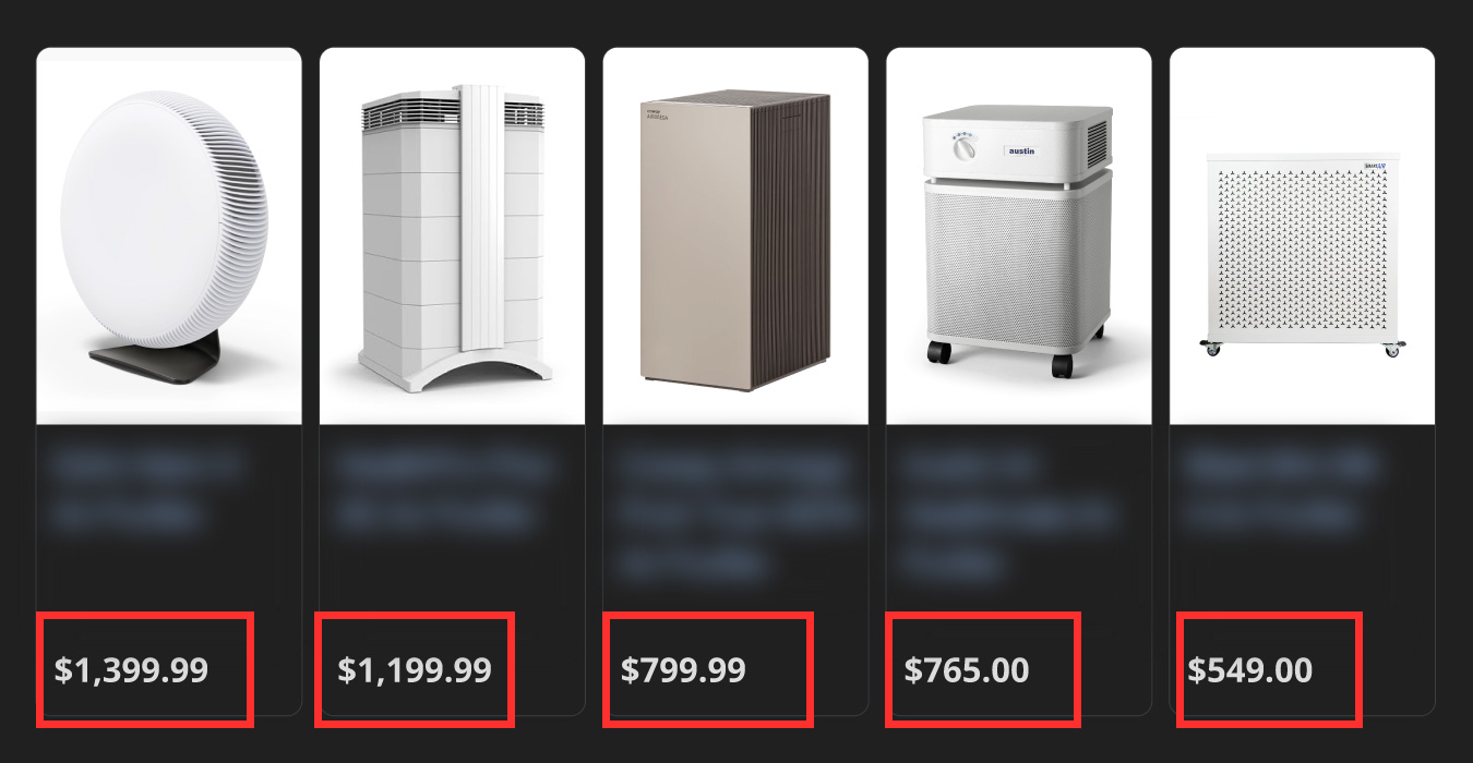 Five air purifiers with prices displayed below each.