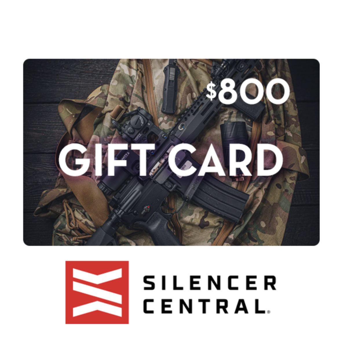 Silencer Central $800 gift card with camouflage design