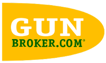 The GunBroker.com logo, with white and green text on a yellow, bullet-shaped background.