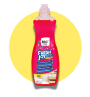 A pink bottle of Fresh Joy dish soap against a yellow circular background.