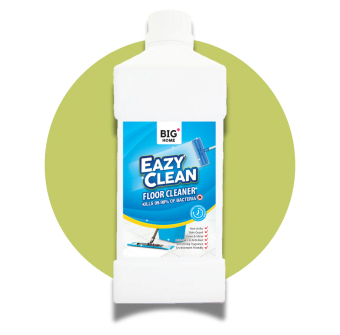 A white bottle of Big Home Eazy Clean floor cleaner against a green circular background.