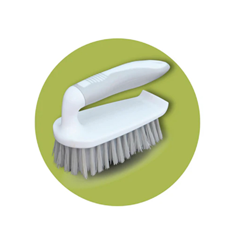 A white and grey handled scrub brush with grey bristles, set against a circular green background.