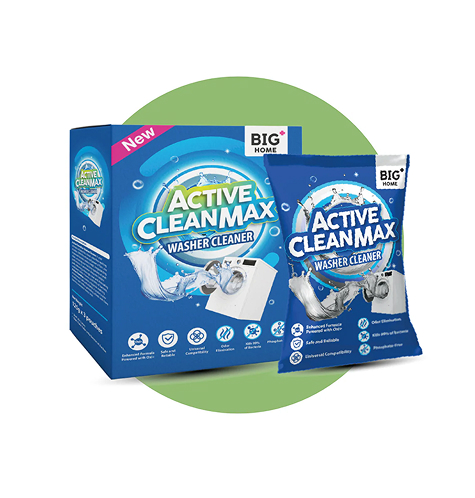 A blue box and pouch of Big Home Active Clean Max Washer Cleaner on a white background.