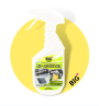 A white spray bottle of BIG+ brand cleaner in front of a yellow circular background.