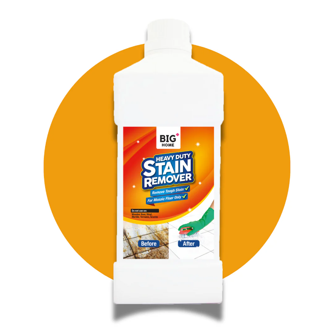 A white bottle of BIG HOME Heavy Duty Stain Remover against a large orange circular background.