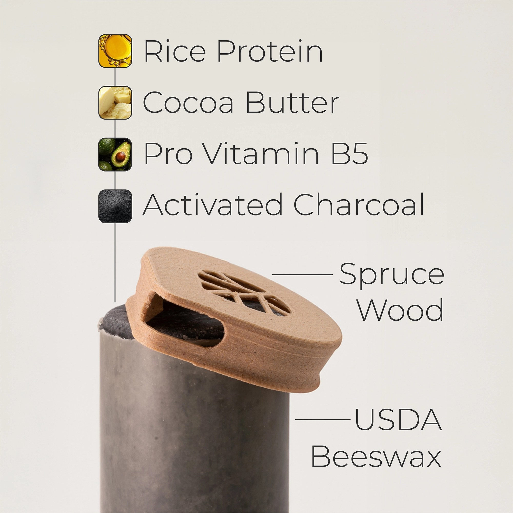 Ingredients and wooden cap of a charcoal deodorant.