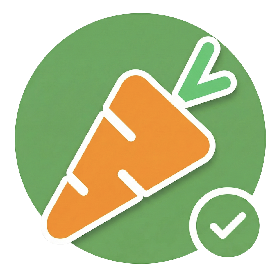 A stylized icon of a carrot on a green circle with a smaller green circle containing a checkmark.