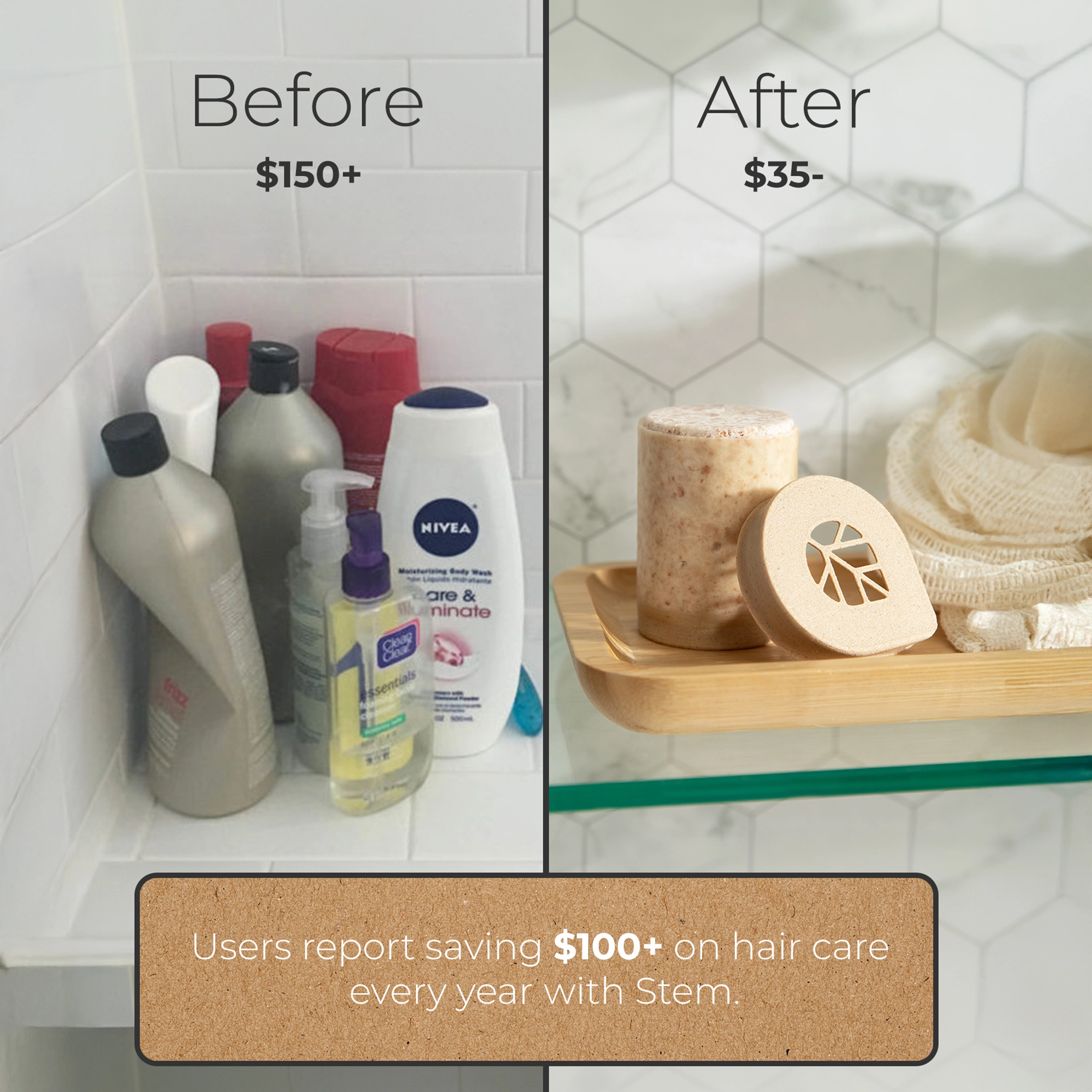 Comparison of shower area before and after with different hair products.