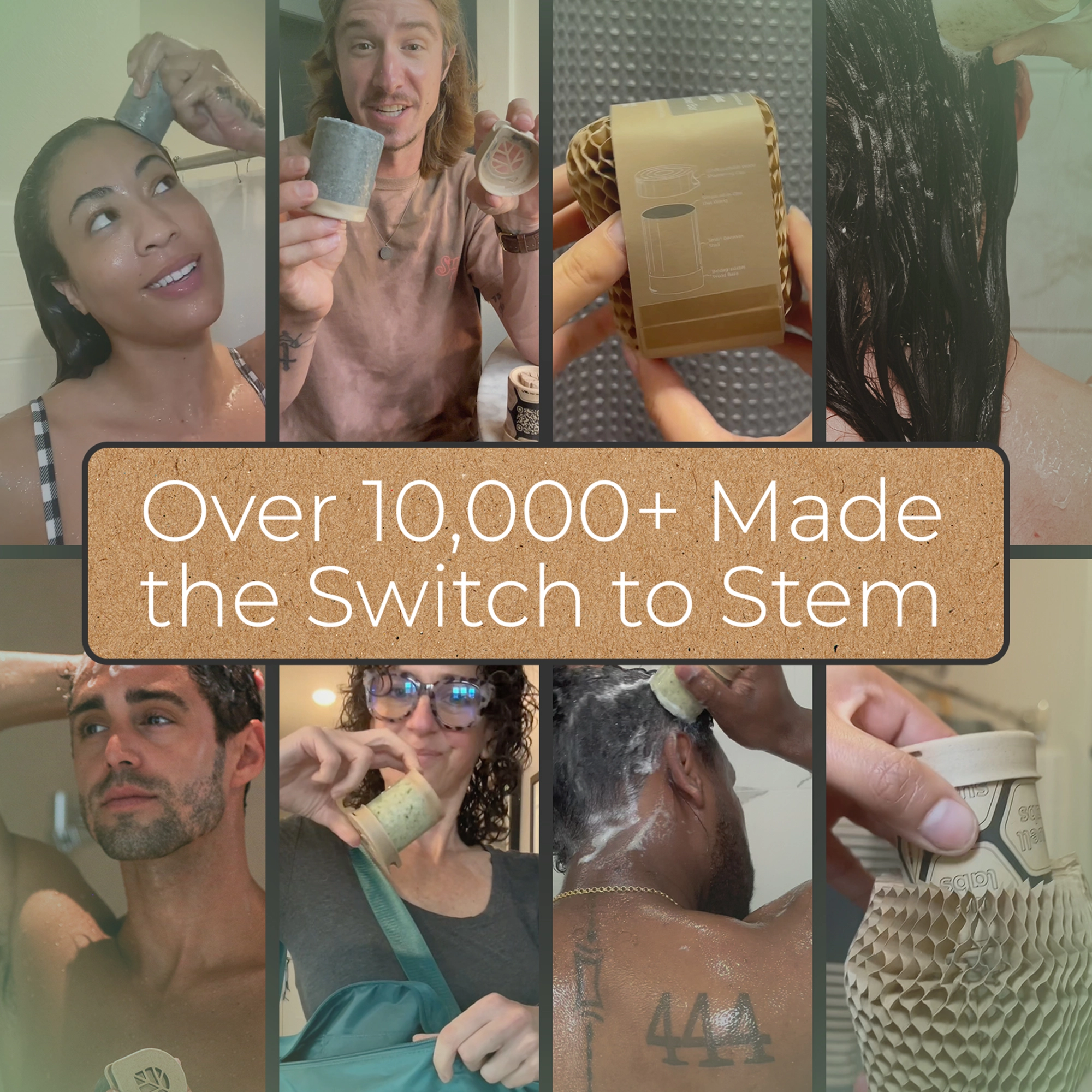 Collage of people using eco-friendly shampoo bars in showers.