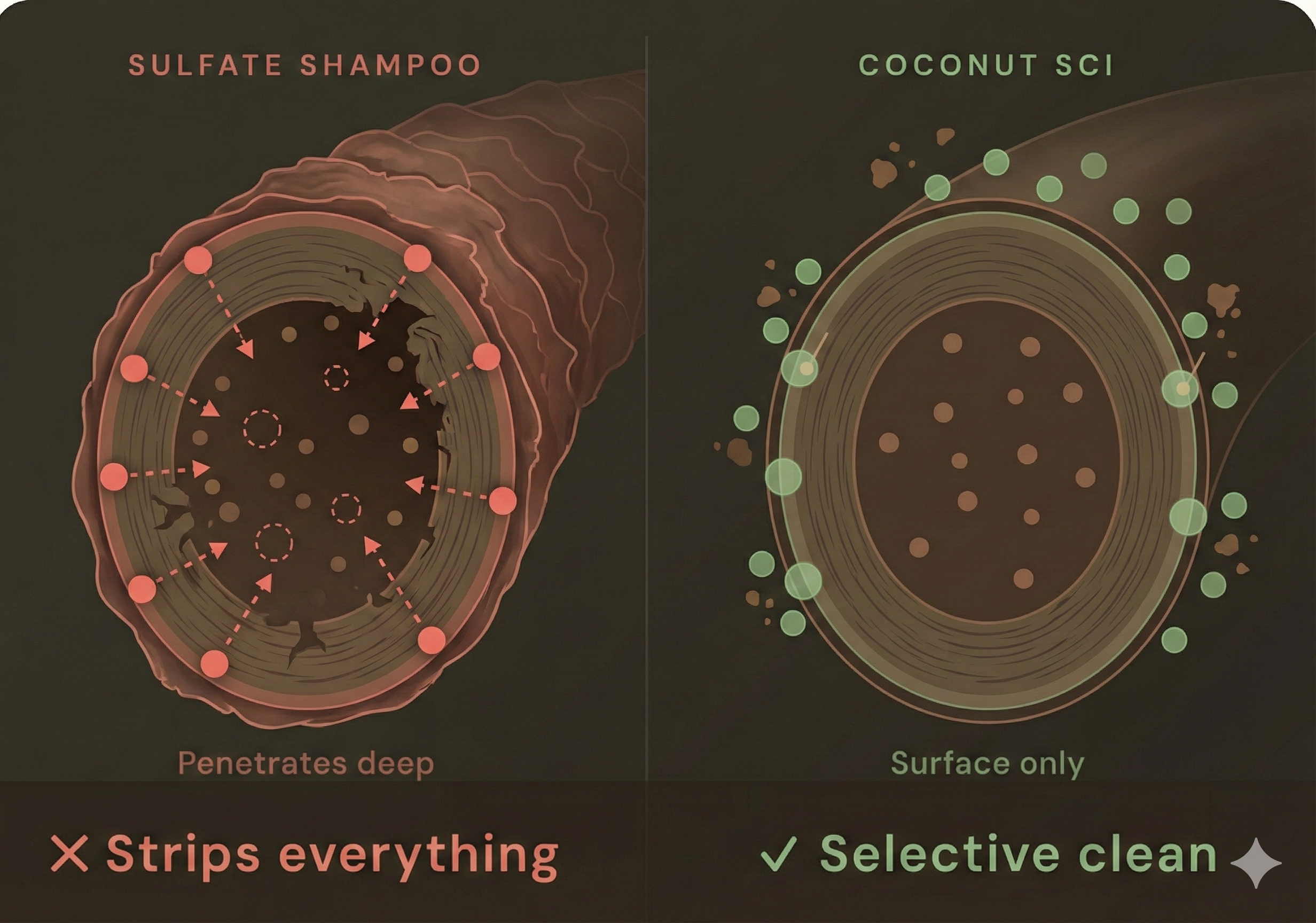 A diagram comparing how sulfate shampoo strips a hair strand versus how coconut SCI provides a selective clean.