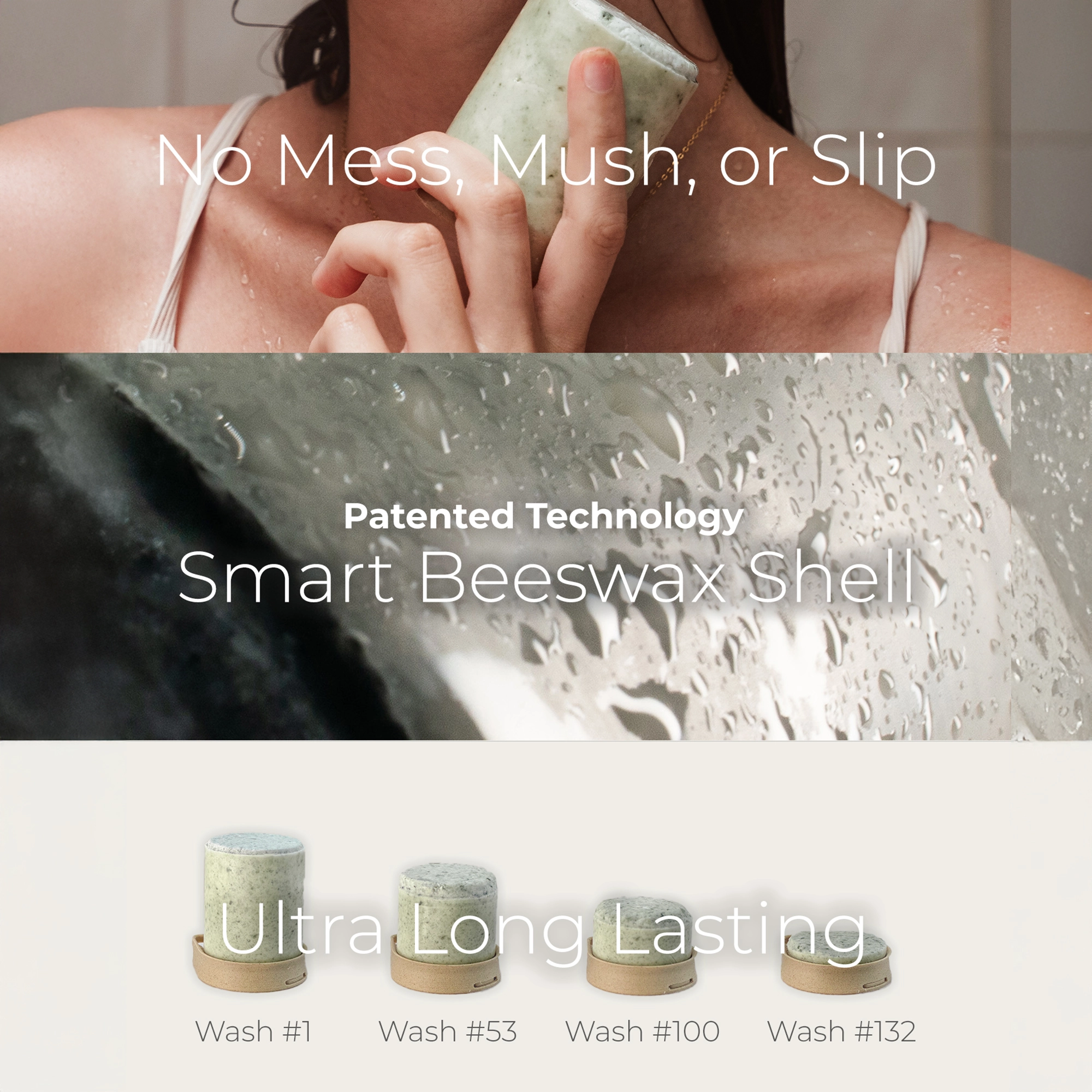 Person holding a rounded soap bar in a shower, with text and soap close-ups.