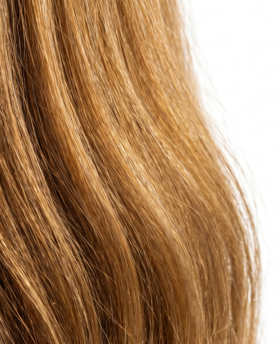 A close-up shot of wavy, light brown hair with golden highlights against a white background.