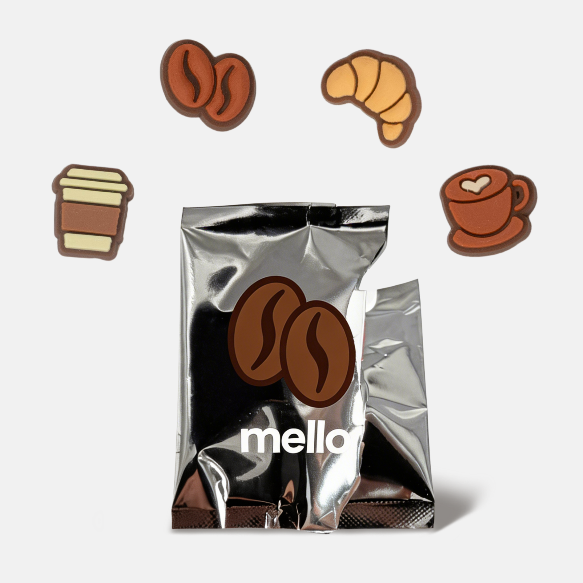 A silver packet labeled 'mello' surrounded by coffee and croissant-shaped charms against a white background.