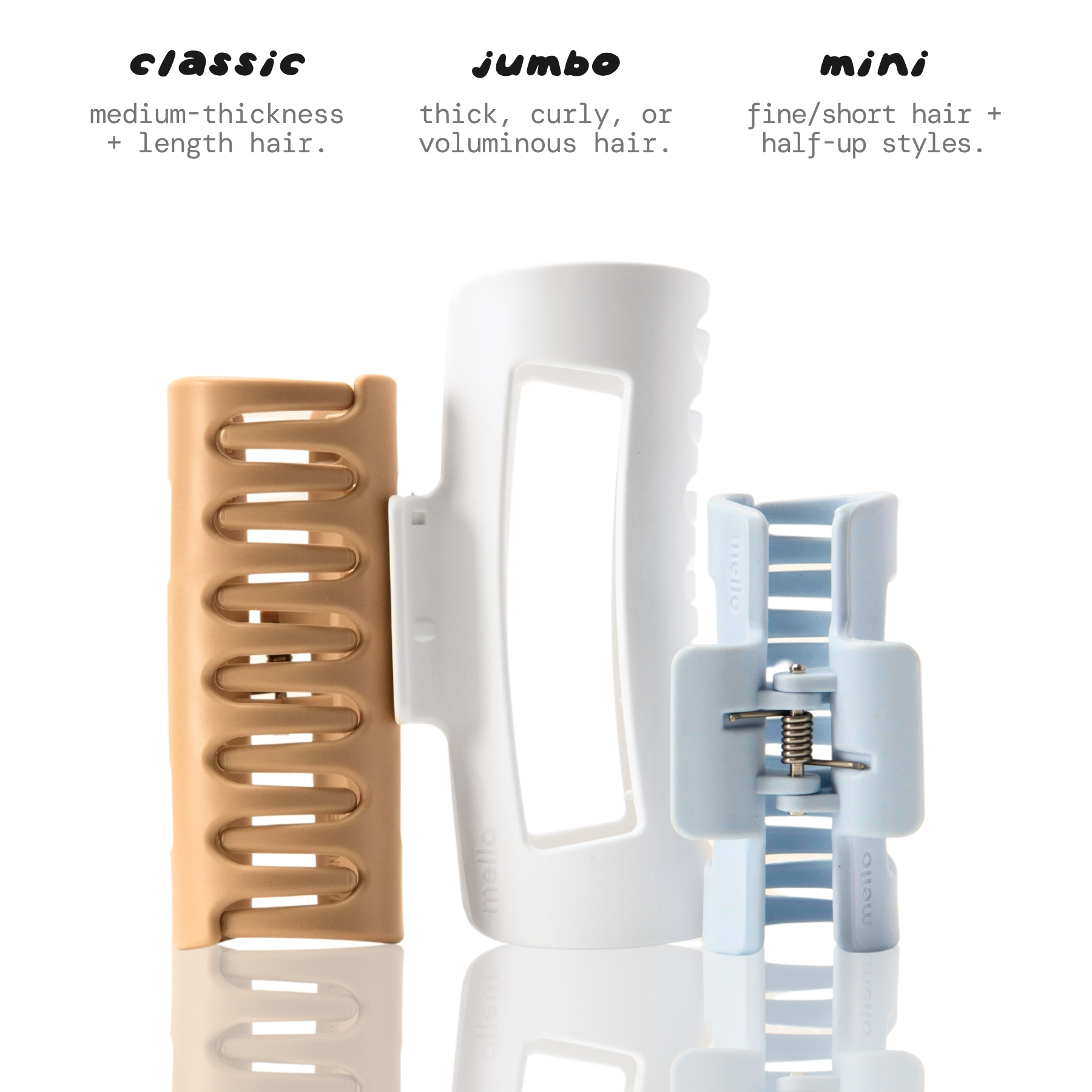 Three hair clips in classic, jumbo, and mini sizes with descriptive text for each hair type.