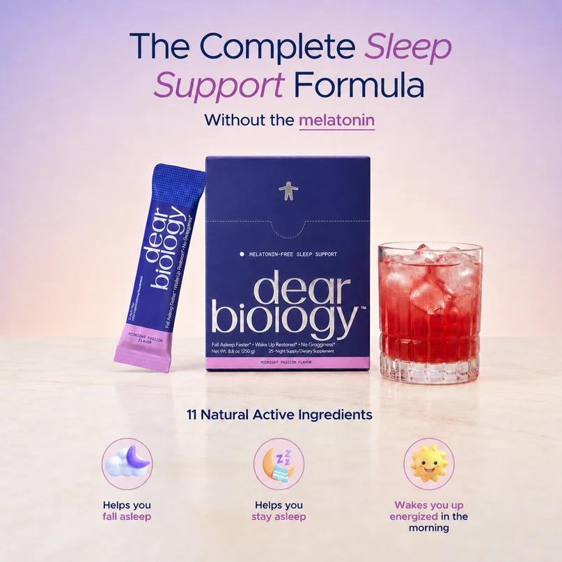 An ad for Dear Biology sleep support, showing the box, a packet, and a mixed red drink.
