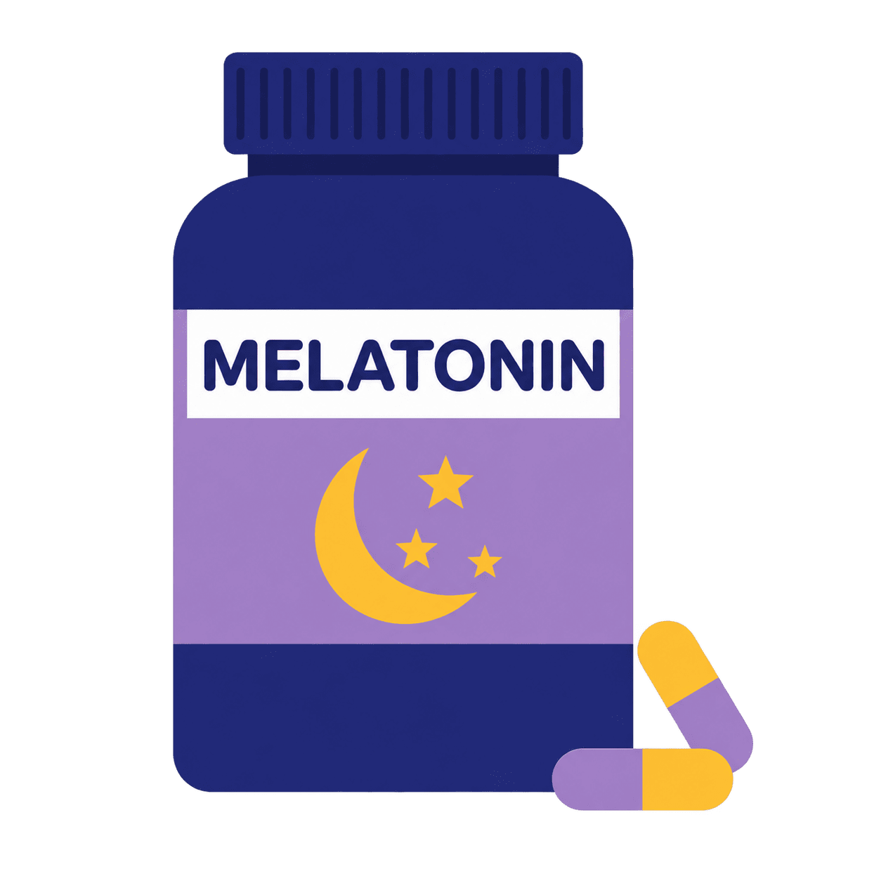 An illustration of a blue bottle labeled Melatonin, with a moon and stars, and two capsules beside it.