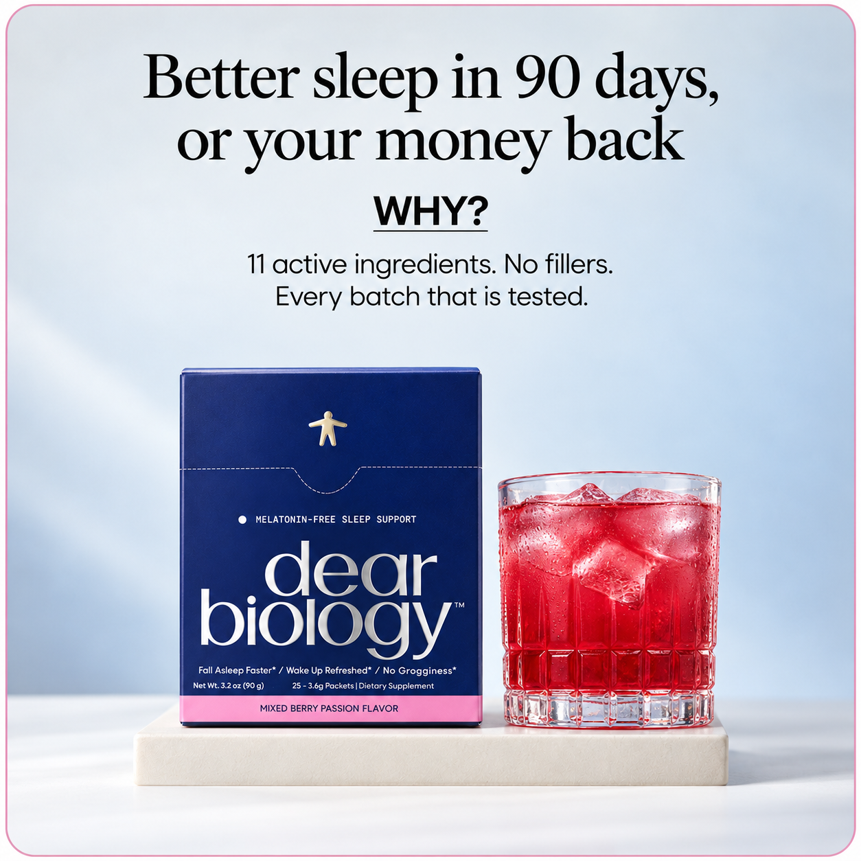 A box of Dear Biology sleep supplement next to a glass of red iced beverage.