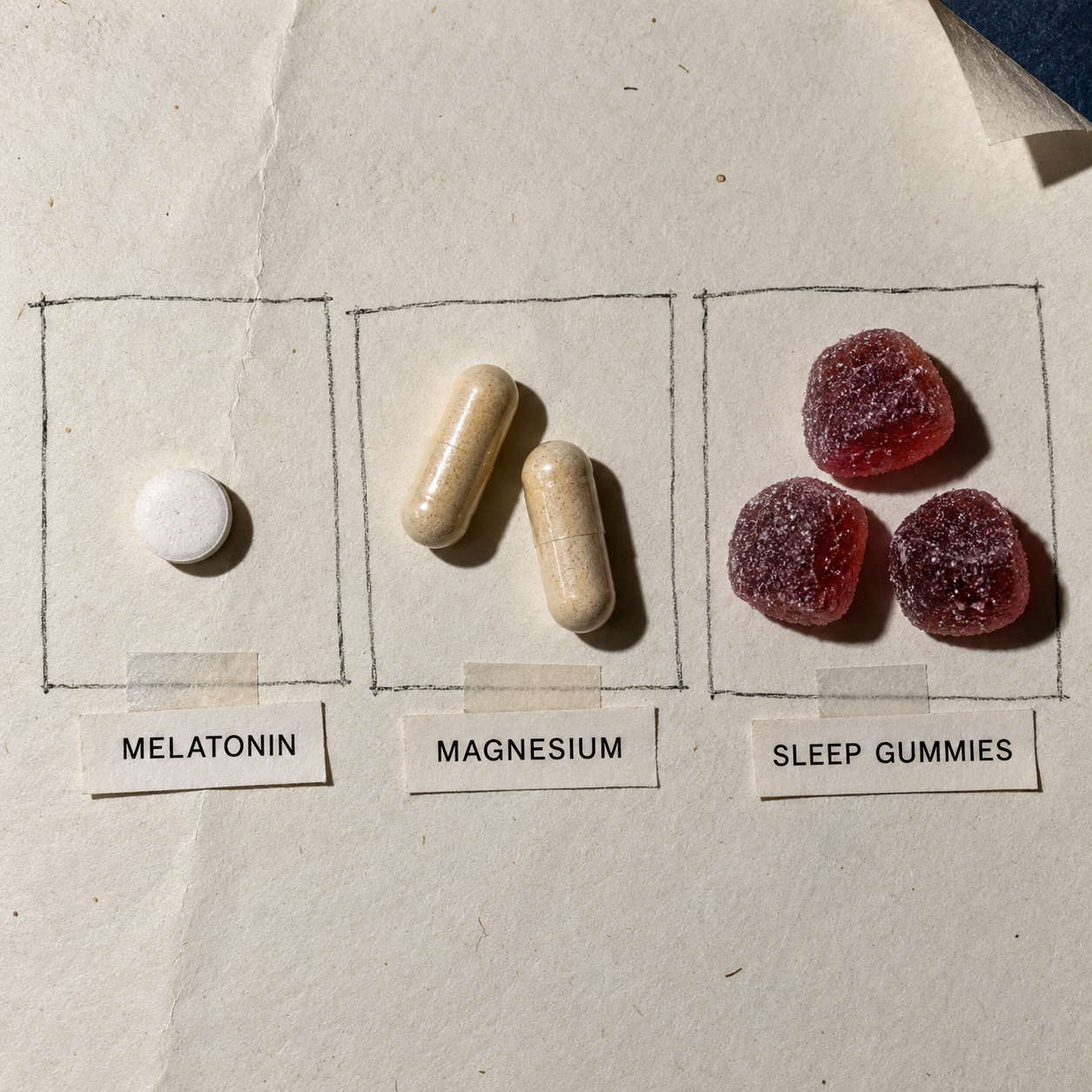A flat lay of a melatonin pill, magnesium capsules, and sleep gummies with corresponding labels.