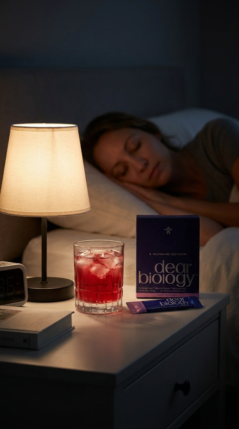 A woman sleeps in bed next to a nightstand with a lamp, a red drink, and a supplement.