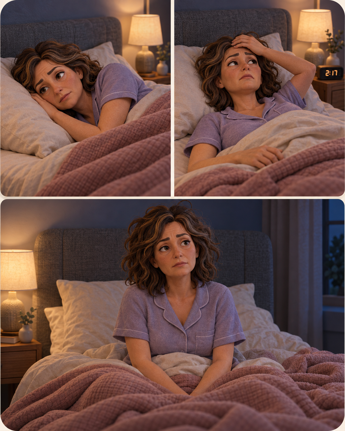 A three-panel illustration of a woman in bed at night, looking worried and unable to sleep.