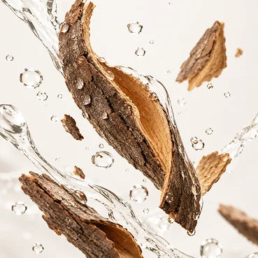 Pieces of tree bark are suspended in mid-air amidst splashes of clear water against a light background.