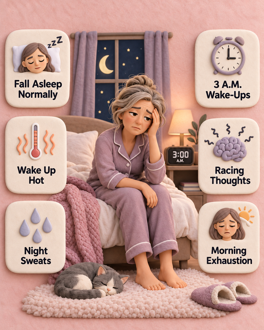 An illustration of a tired woman on her bed, surrounded by icons showing symptoms of poor sleep.
