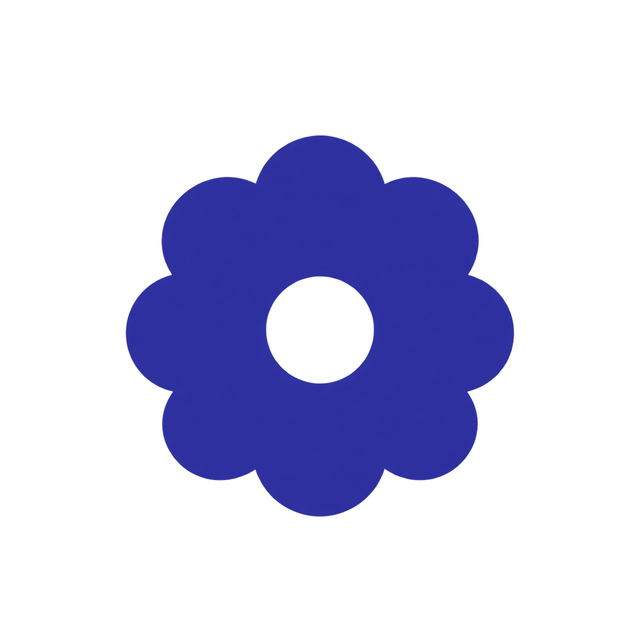 A dark blue, stylized flower icon with eight rounded petals and a white center.
