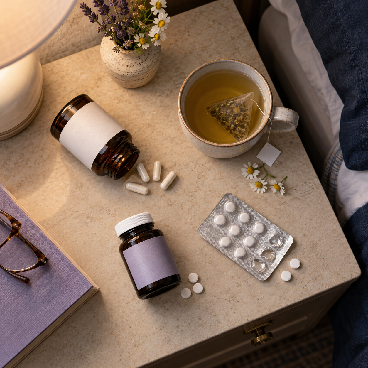 An overhead view of a bedside table with tea, flowers, pills, and a book.