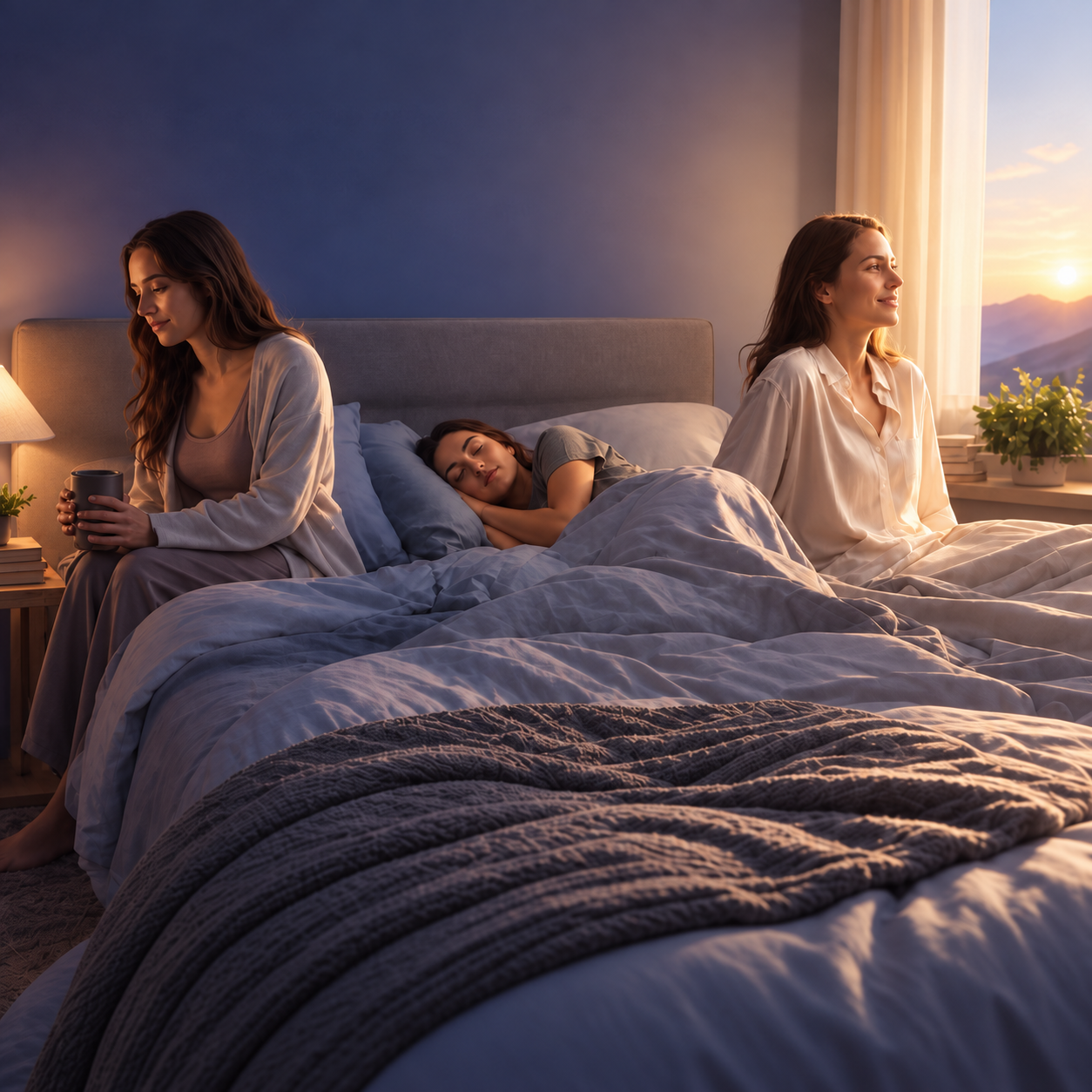 A composite image showing three women in a bed: one sleeping, one with a mug, and one watching sunrise.