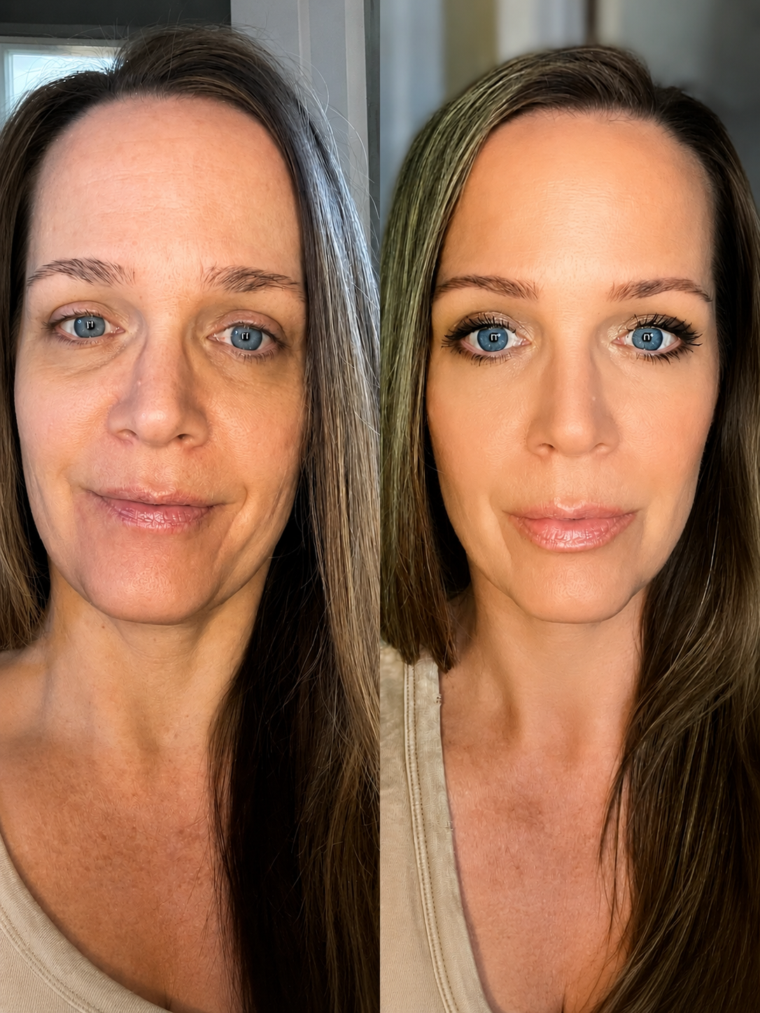 A split image showing a side-by-side comparison of a woman's face before and after applying makeup.