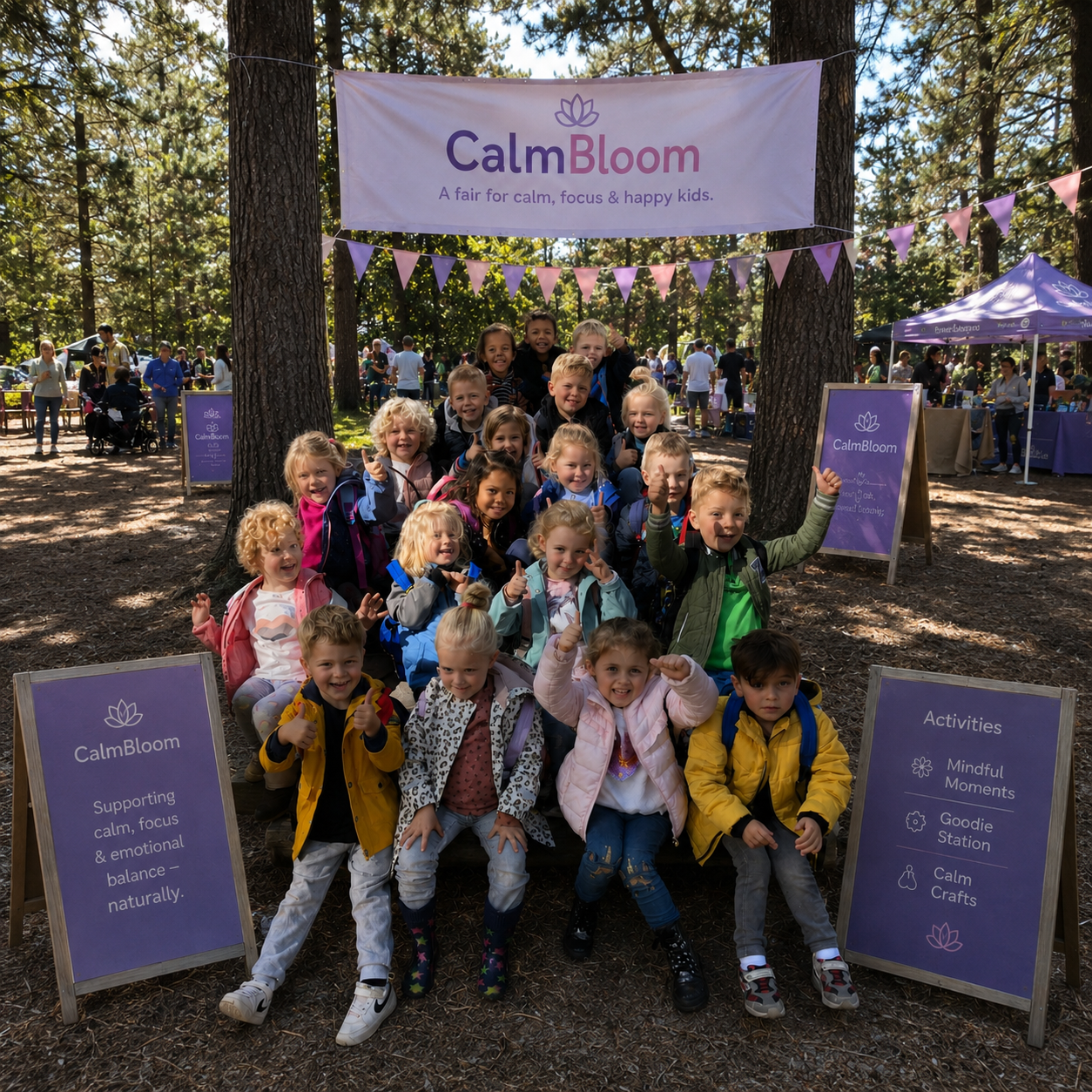 A large group of smiling children posing for a photo at an outdoor CalmBloom event in the woods.