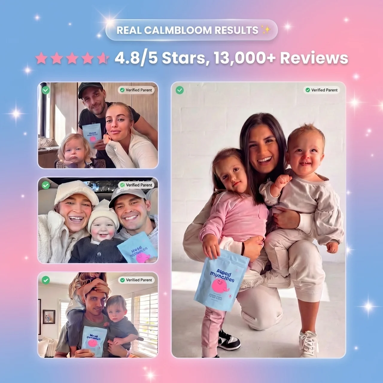 A promotional collage of four photos showing families holding a product, illustrating customer reviews for Calmbloom.