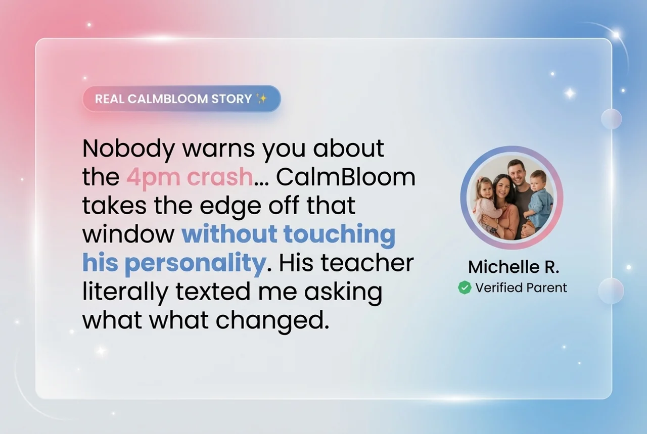 A testimonial for CalmBloom from Michelle R., a verified parent, with her quote and family photo.