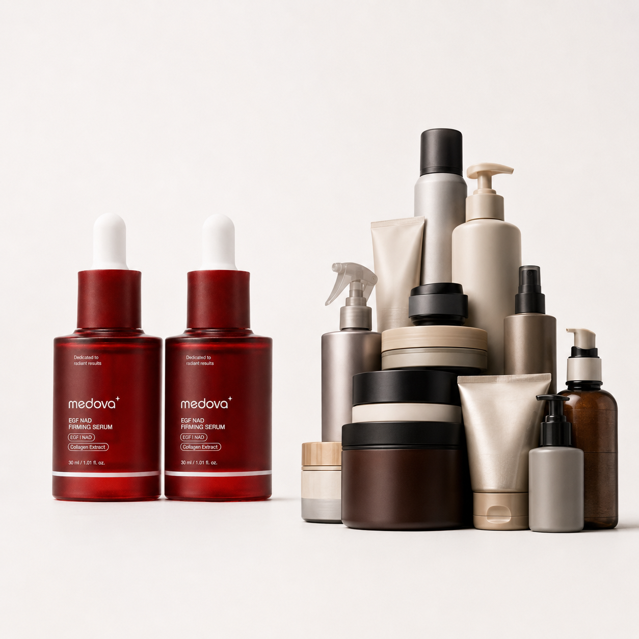Two red serum bottles next to a large collection of various other skincare containers on a white background.