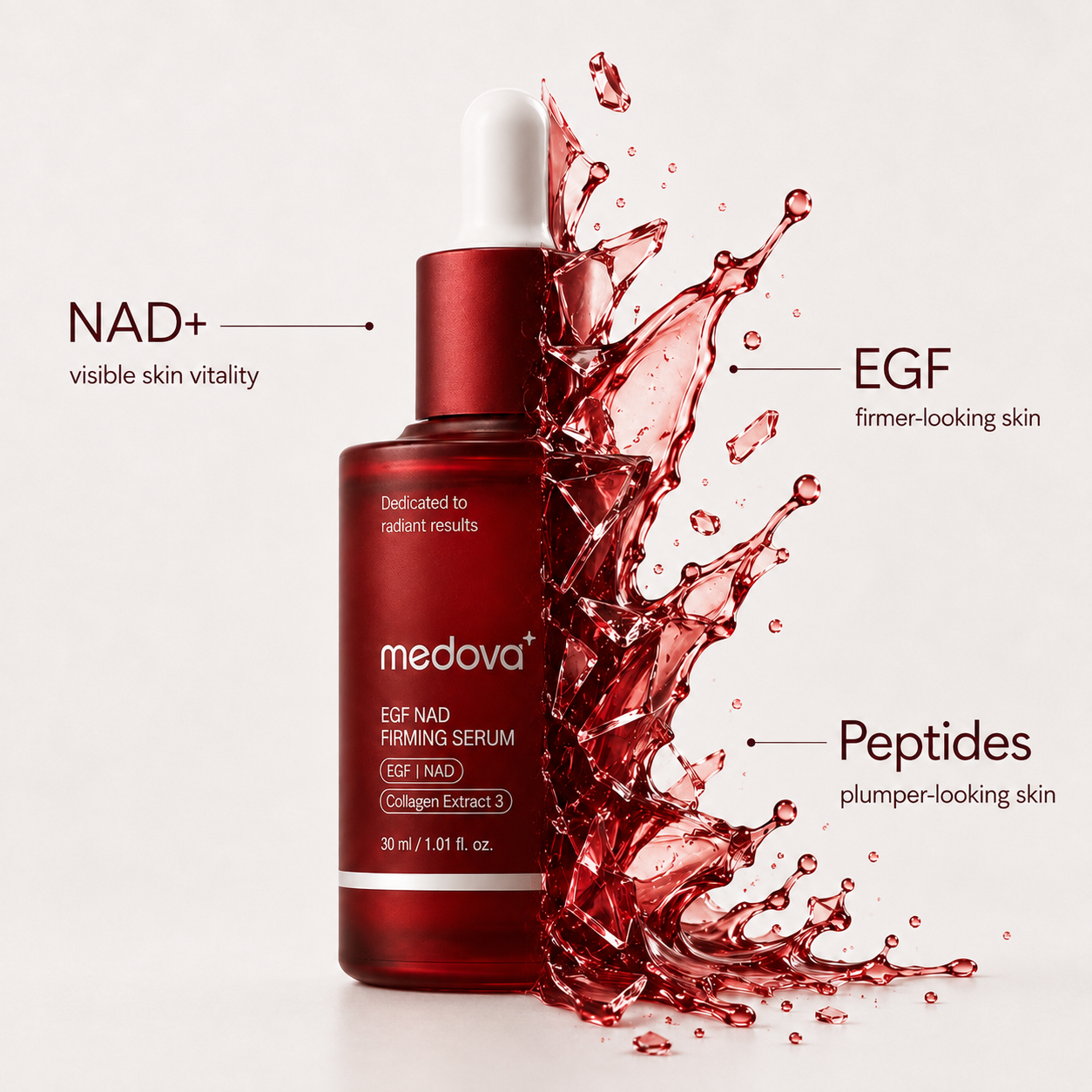 A red bottle of Medova+ firming serum with a dynamic red splash and labels explaining its ingredients.