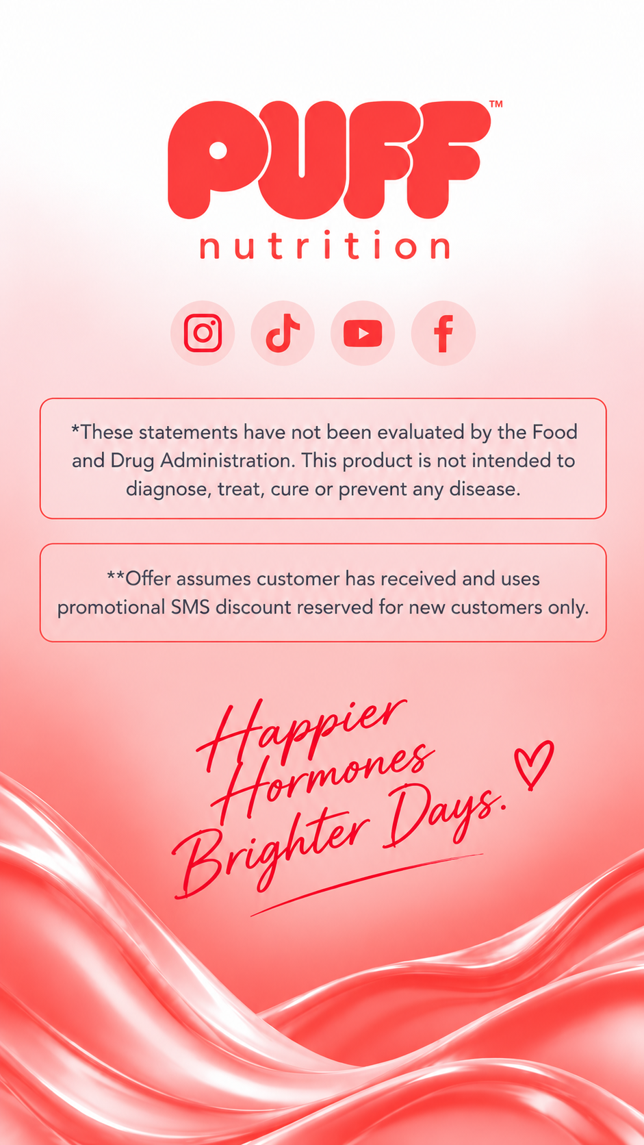 Promotional graphic for PUFF nutrition with brand logo, social media icons, and text on a pink background.