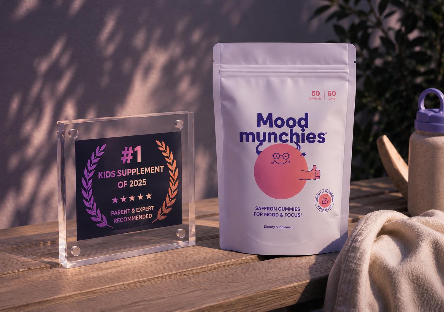 A pouch of Mood Munchies kids supplements sits on a wooden table next to a glass award.