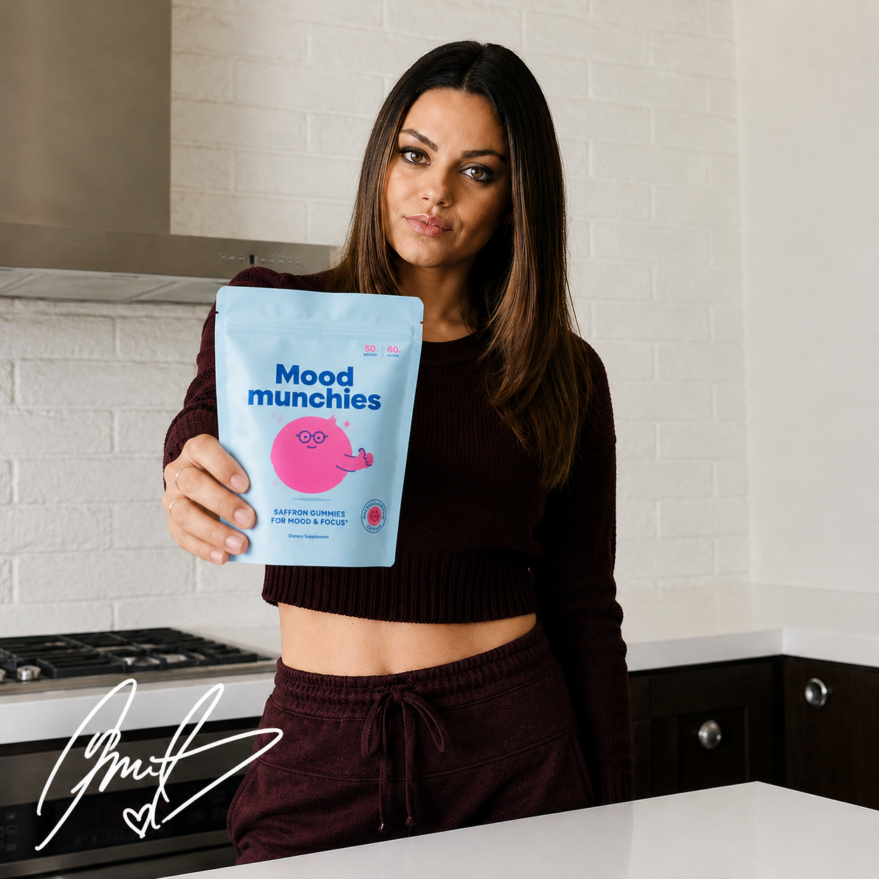 A woman in a kitchen holds up a light blue pouch of Mood Munchies saffron gummies.