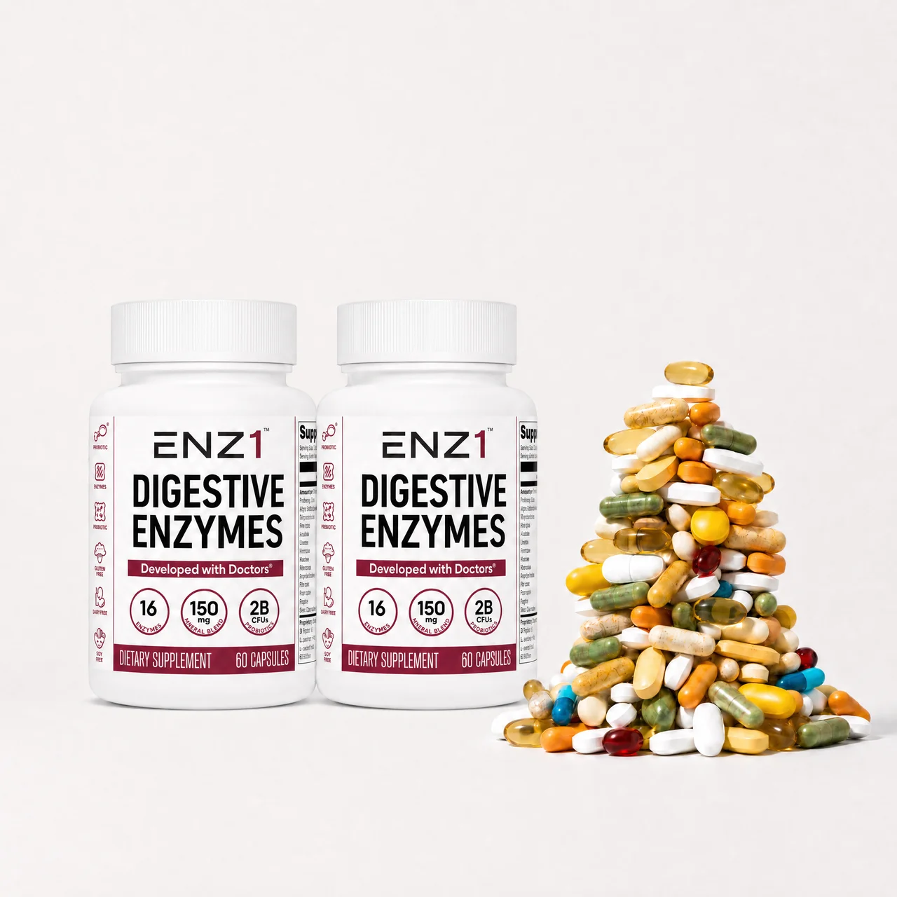 Two white bottles of ENZ1 Digestive Enzymes next to a large, cone-shaped pile of colorful supplement capsules.