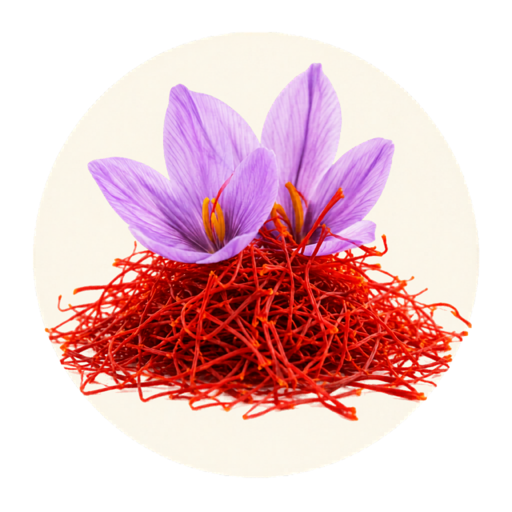 Two purple saffron crocus flowers sitting on a pile of red saffron threads inside a circular frame.