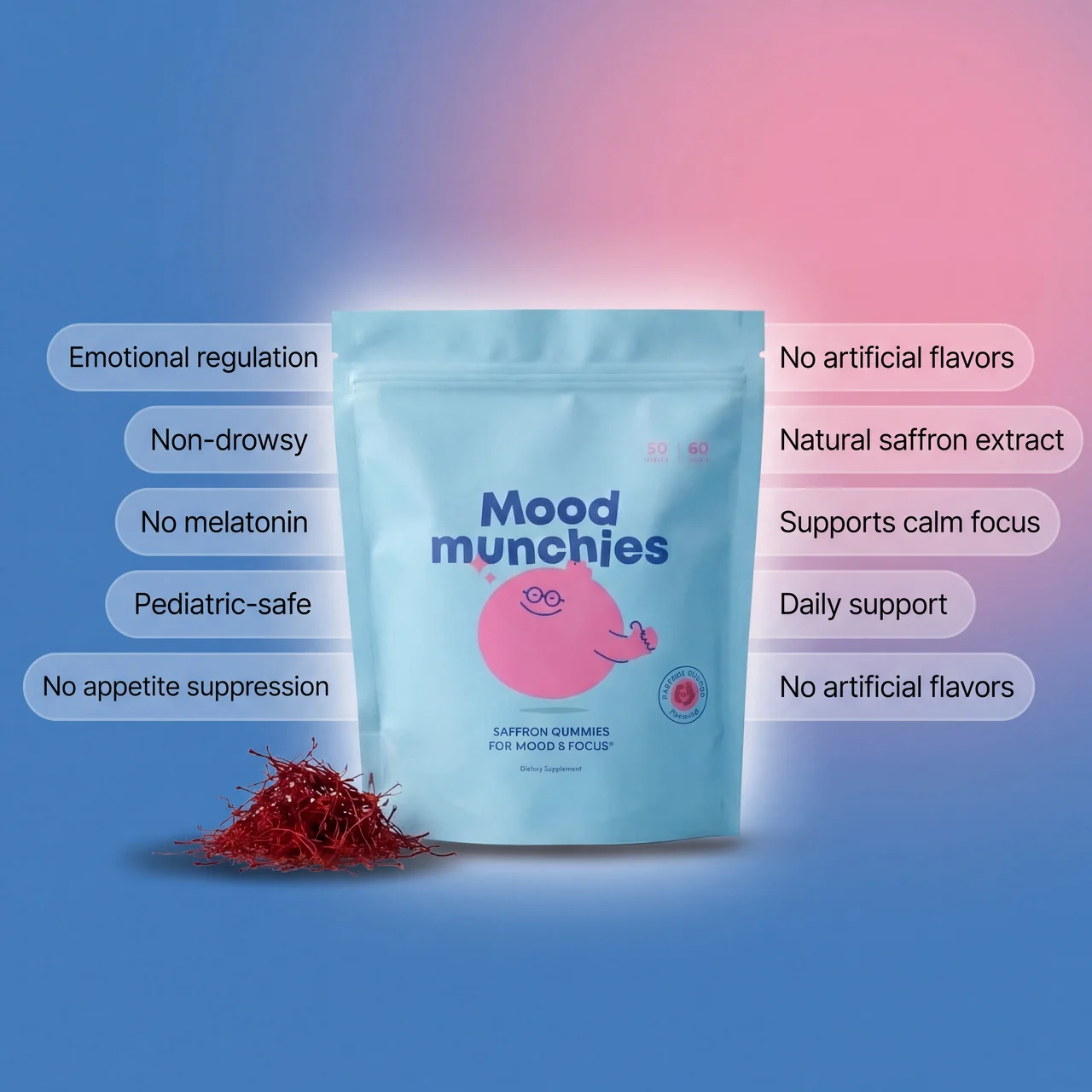 A pouch of Mood Munchies saffron gummies next to saffron threads, surrounded by text listing product benefits.