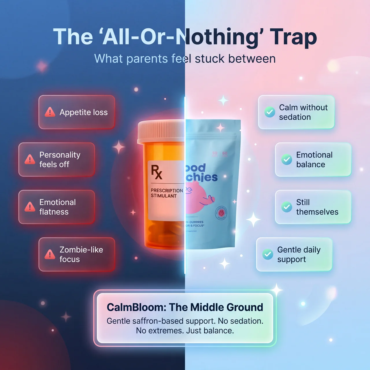An ad comparing the side effects of a prescription stimulant to the benefits of a supplement.