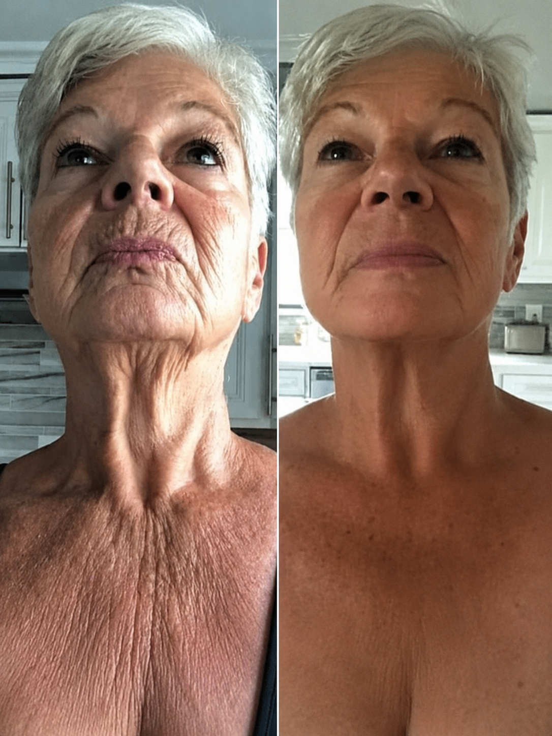 A before and after diptych of a woman's face, neck, and chest showing a reduction in wrinkles.