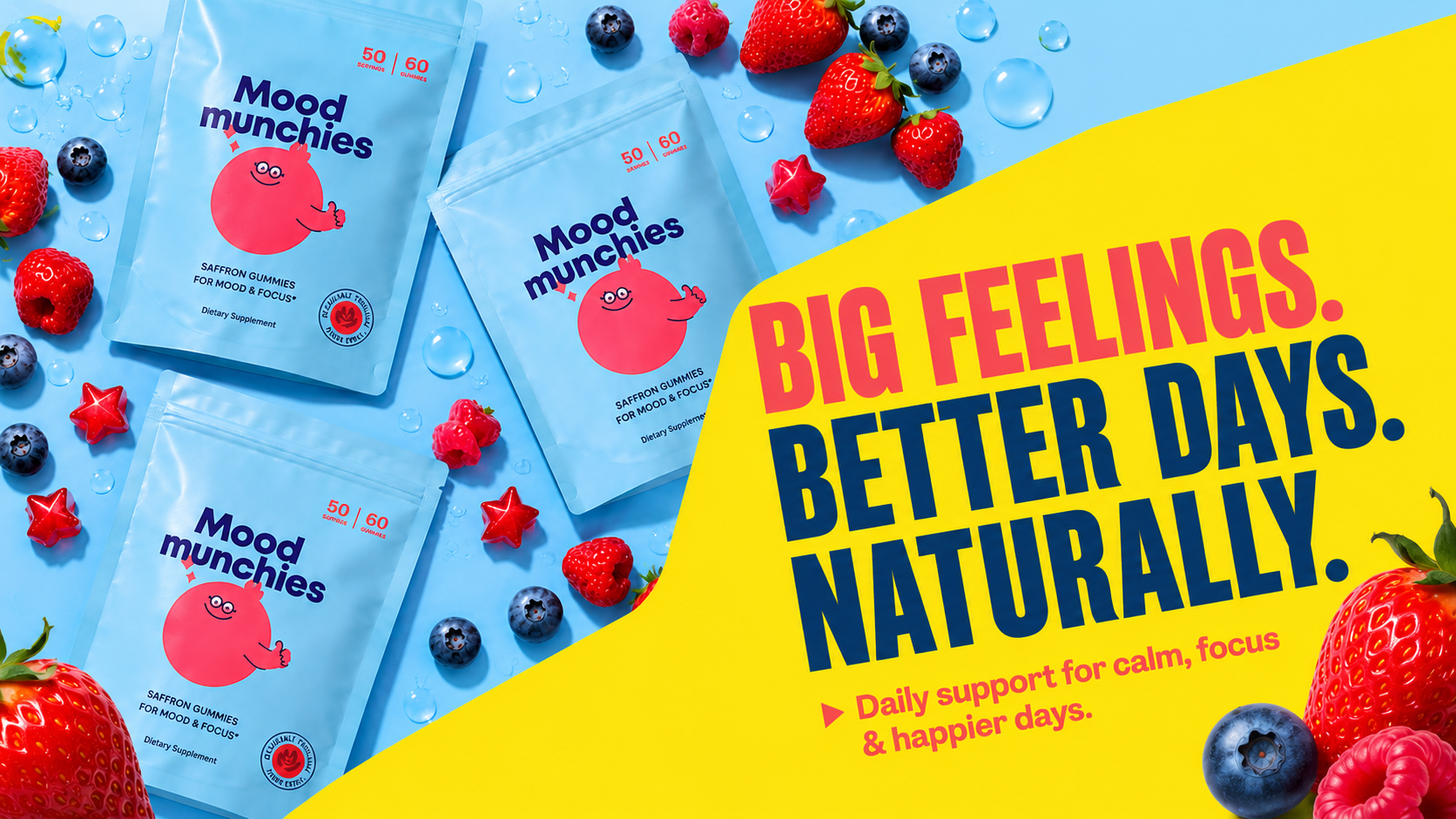 An ad for Mood munchies gummies, showing product pouches surrounded by strawberries, blueberries, and raspberries.