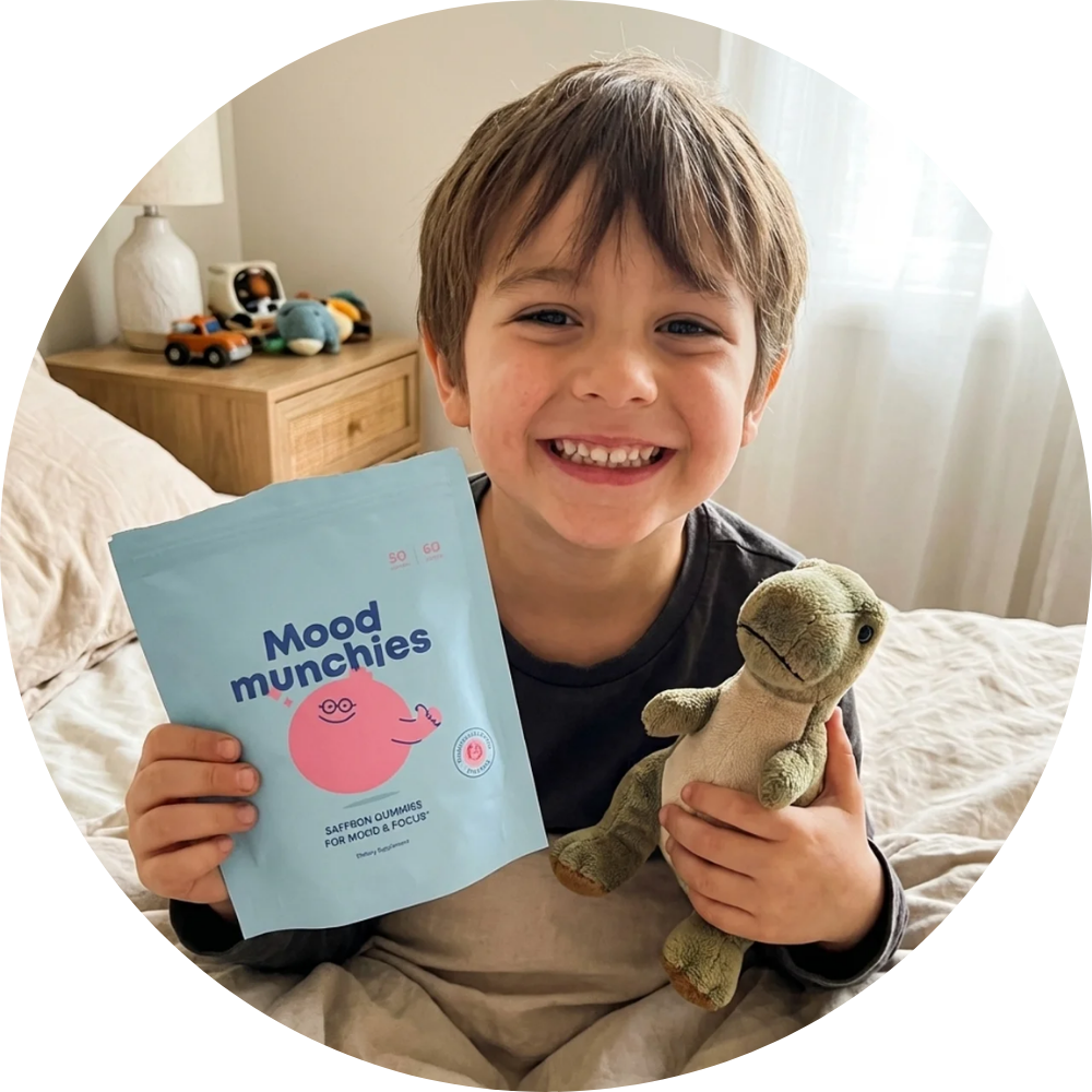 A smiling boy in bed holds a pouch of Mood Munchies and a stuffed dinosaur toy.