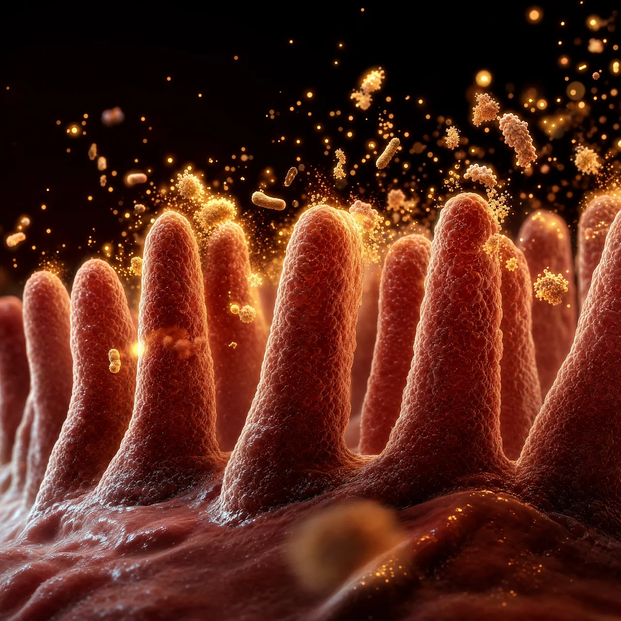 A microscopic illustration of intestinal villi with glowing bacteria and particles floating above them.