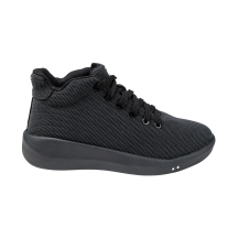 Black high-top sneaker with textured fabric and black laces.
