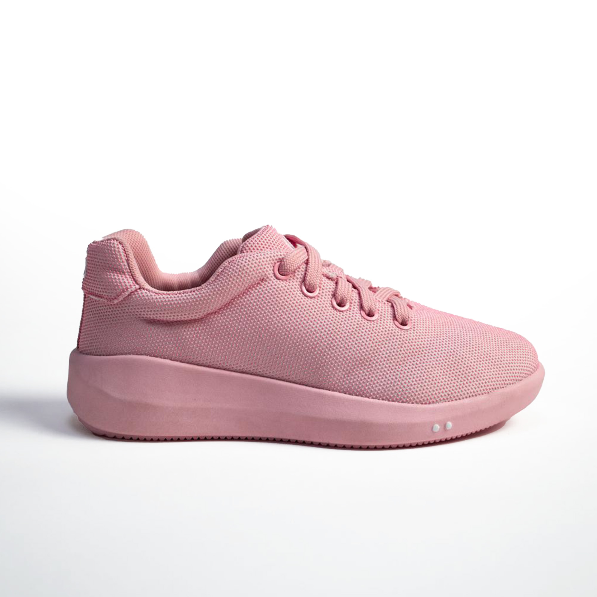 Pink sneaker with laces on a white background.